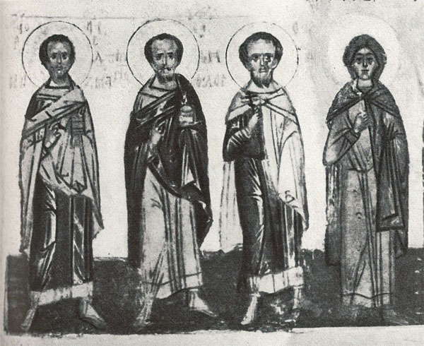 Икона «Деисус с избранными святыми» из Кондопоги. Козьма, Демьян, Флор, Лавр